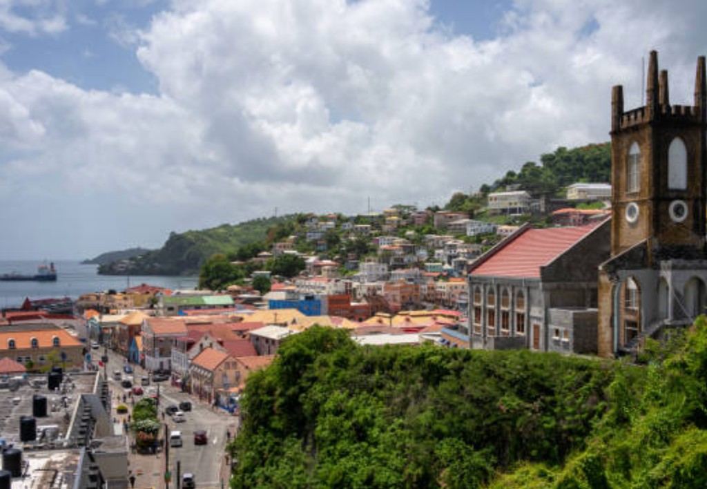 St George's Grenada hillside town and harbour with colourful roofs near the cruise port